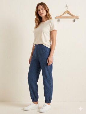 FLAX Linen 100% Pull On Blue Lagenlook Pants Casual Easywear , Small